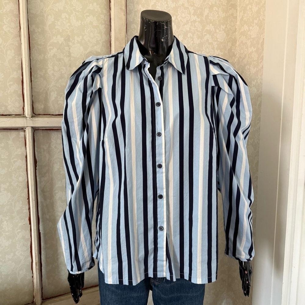 The Get Striped Button Up Blouse Size Large Blue White Puff Sleeve Statement Shi